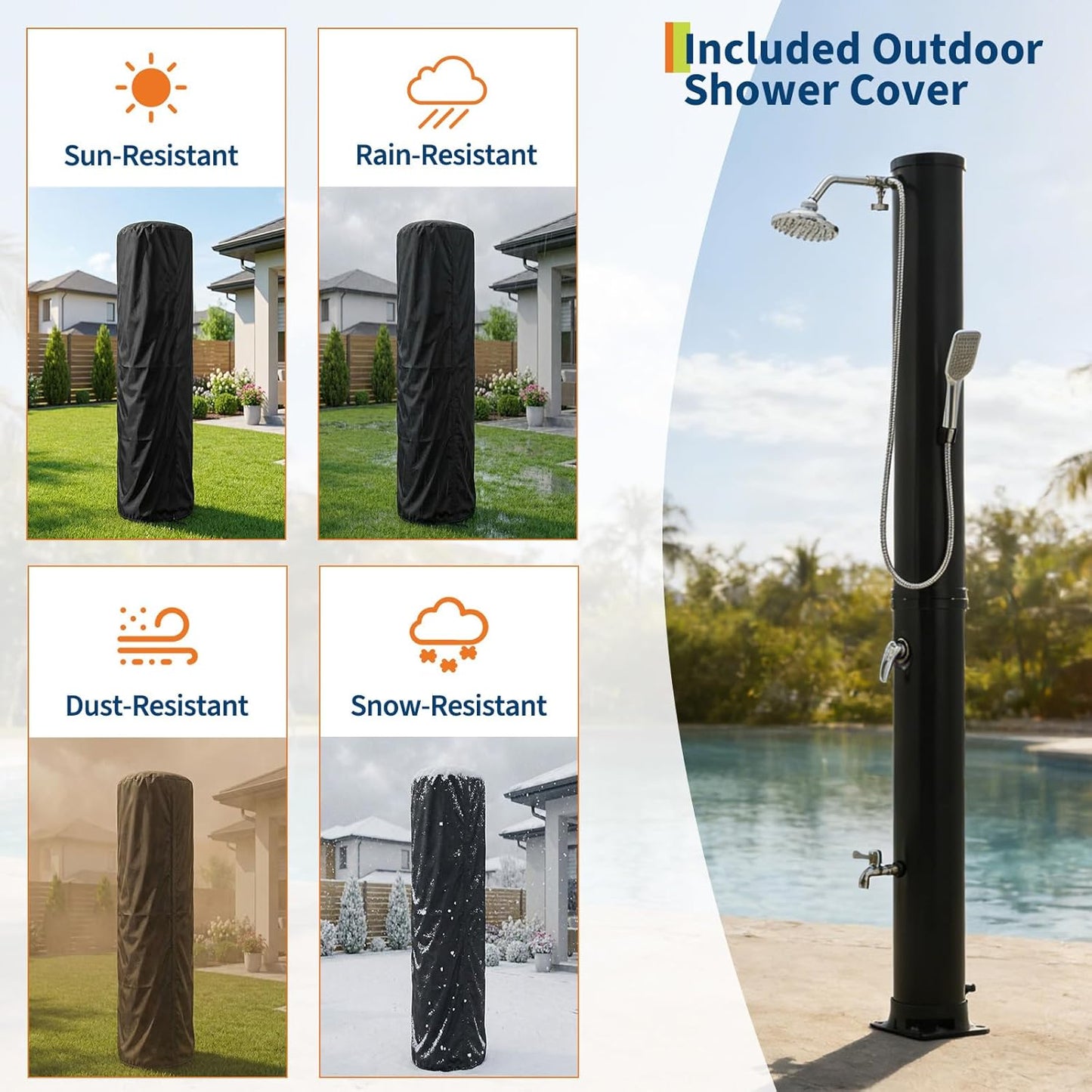 10 Gallon Solar Heated Outdoor Shower, 2-Section Freestanding Pool Shower with Shower Head & Foot Tap & Handheld Sprayer | Hot & Cold Water Adjustment | Beach Garden Spa Shower with Protective Cover