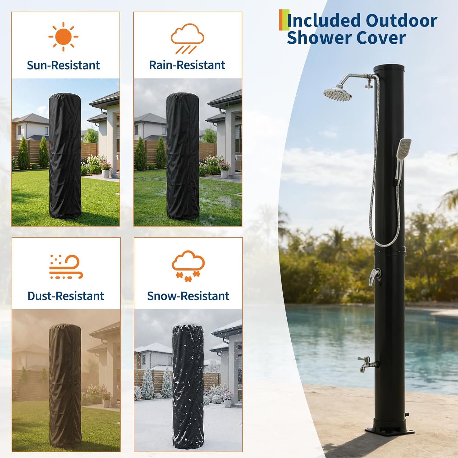 GarveeLife 10 Gallon Solar Heated Outdoor Shower, 2-Section Freestanding Pool Shower with Shower Head & Foot Tap & Handheld Sprayer, Hot & Cold Water Adjustment, Spa Shower with Protective Cover