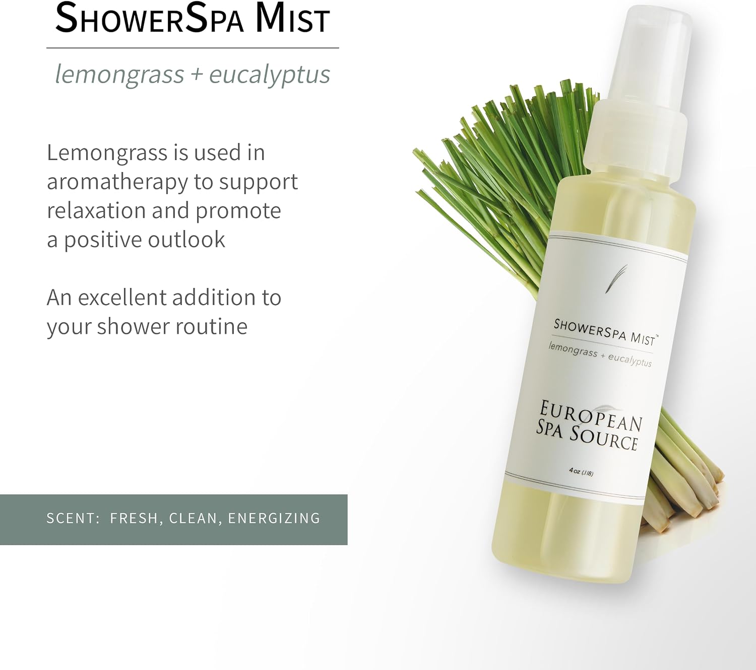 European Spa Source Energizing Lemongrass + Eucalyptus ShowerSpa Mist Spray for Aromatherapy, at Home Spa Experience, Sinus Congestion Relief, and Tension Relief, 4 fl oz.