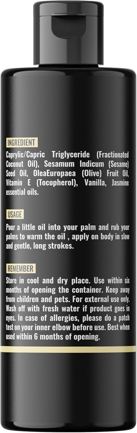 Vanilla Body Massage Oil Organic Non-Sticky Formula with Fractionated Coconut Oil, Vanilla & Jasmine Oil -Light Moisturizing Massage Therapy - 4.05 Fl Oz