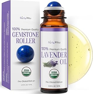 Lavender Essential Oil Roll On for Sleep Anxiety Stress Relief - 100% Pure USDA Organic Pre-Diluted MCT Coconut Oil - Calming Relaxing Bedtime Aromatherapy Yoga - Gemstone Roller 10ml Travel Size