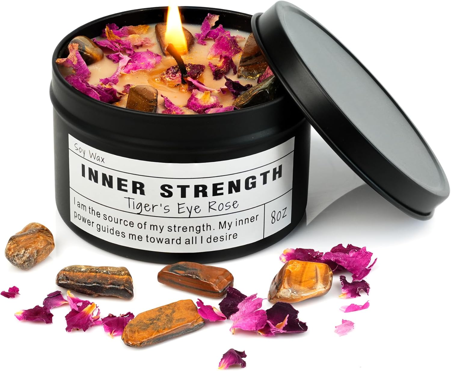 Inner Strength Soy Candle, Vegan Confidence, Focus Crystal, Empowerment Intention Gift, Grounding Meditation Candle. (8oz)