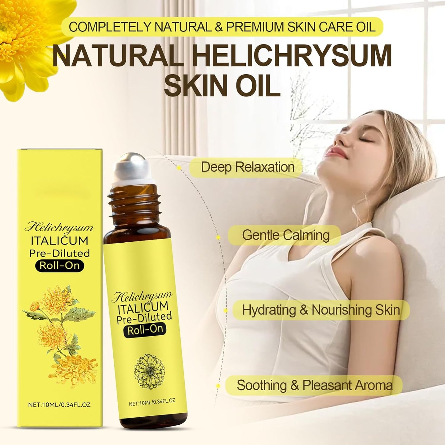 Helichrysum Oil & Castor Oil Roll On, Aromatherapy for Skin Vitality & Anti-Aging, Natural Skin Care, Pure, Organic, Moisturization, Nourishing, 2 PCS (10ML)
