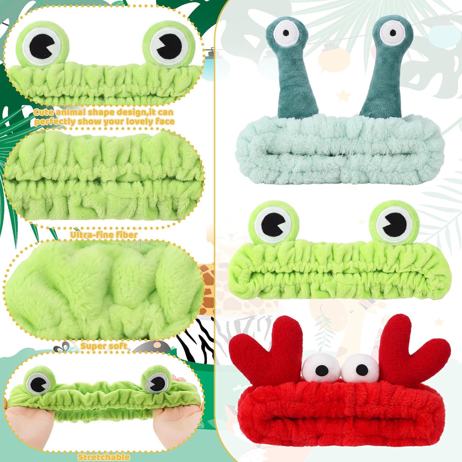 12 Pcs Animal Ear Face Wash Headbands Spa Cute Soft Headband for Washing Face Make up Hairband Fuzzy Frog Cat Ears Crab Snail Head Band Skincare Hair Accessories for Women