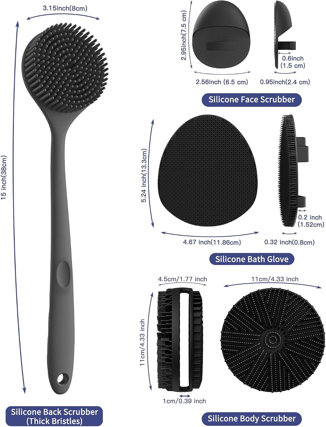 Manmihealth Silicone Back Scrubber Bath Brush Set Thick Bristles Black