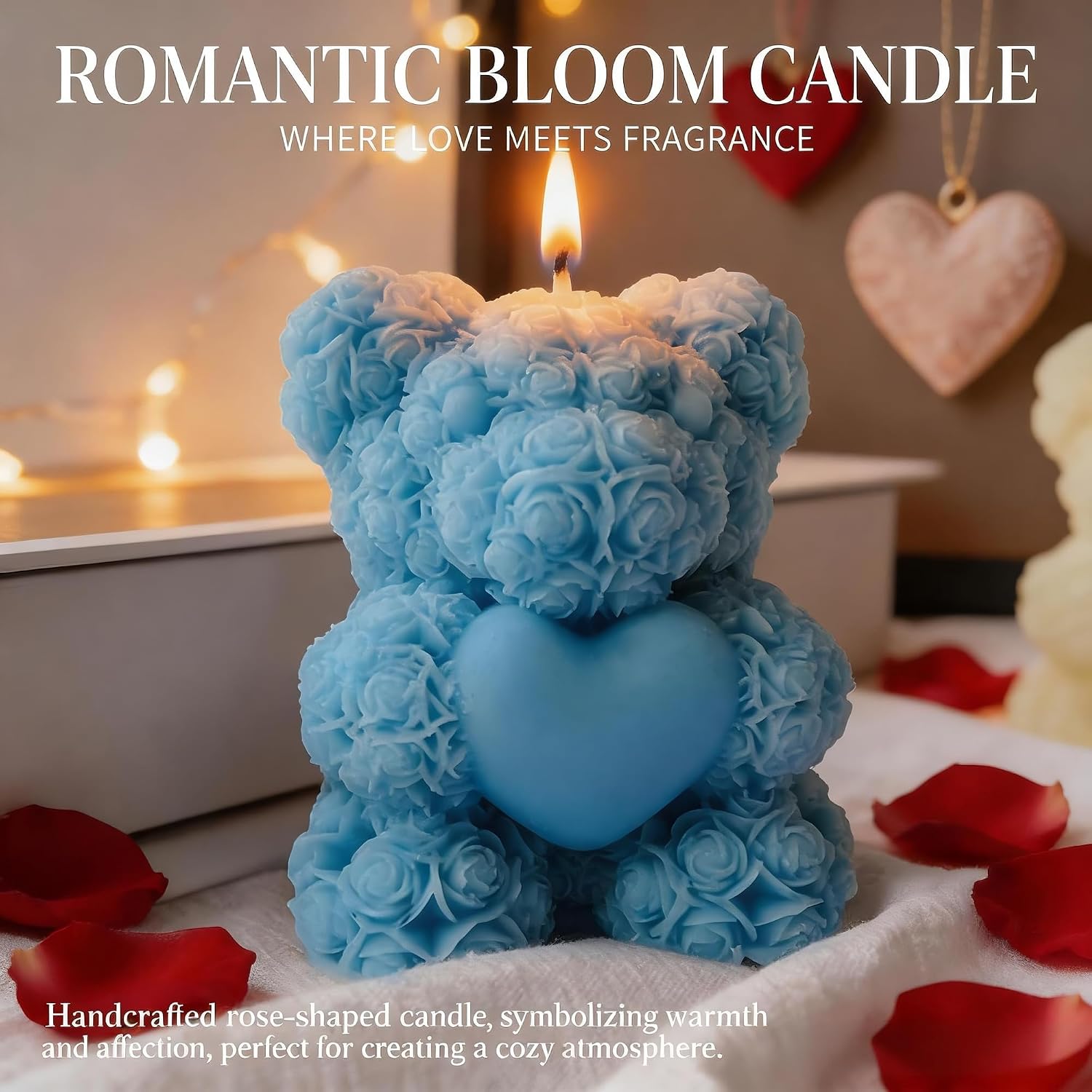 Cute Bear with Heart Scented Candle,60G Teddy Bear Rose Clusters Aesthetic Handmade Soy Wax Aroma Decorative Candle for Table Photo Prop Wedding Birthday Gift,Prefect for Meditation Stress-Blue