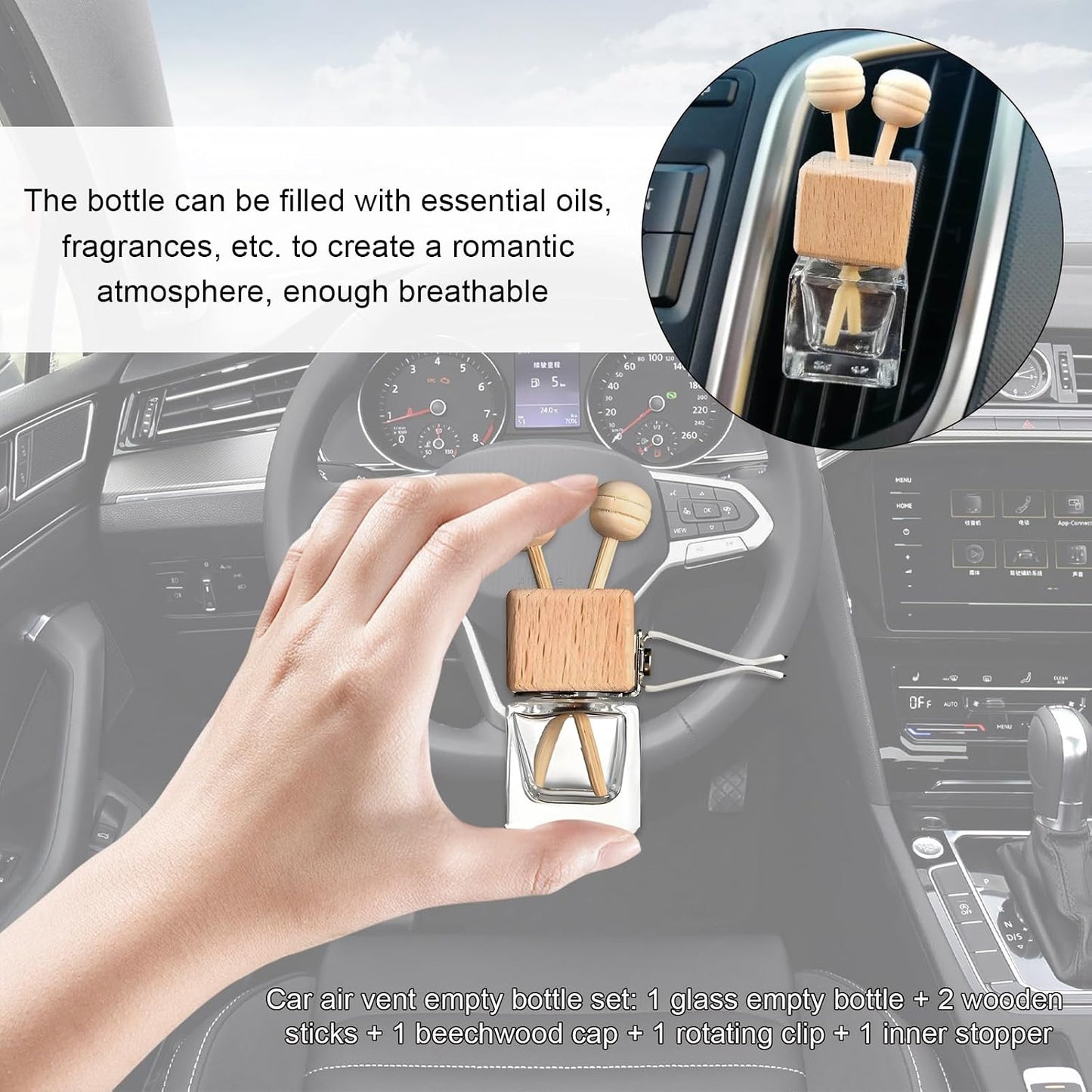 KVAEY 2PCS Car Diffuser Air Freshener Bottle, Refillable Empty Glass Perfume Bottles with Vent Clip, Universal Essential Oil Diffuser for Most Vehicles, Interior Car Accessories (2PCS)