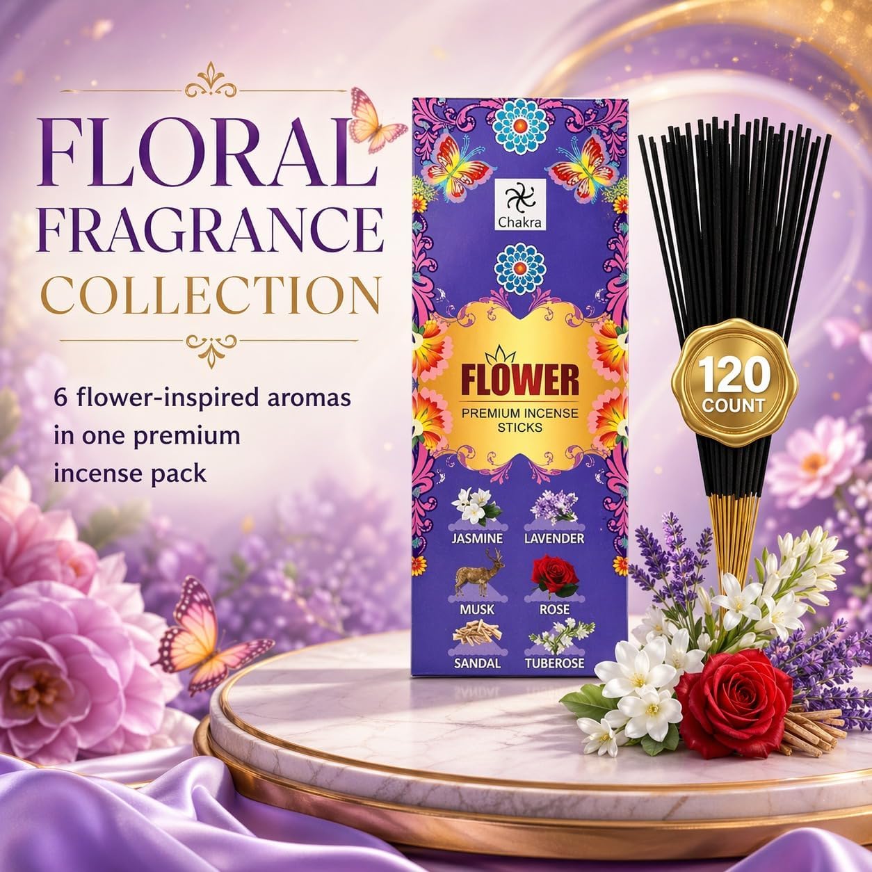 6-Scent Incense Sticks Variety Pack – 120 Count | Jasmine, Lavender, Musk, Rose, Sandalwood & Tuberose | Long-Lasting Aroma for Meditation & Home Use | chakra