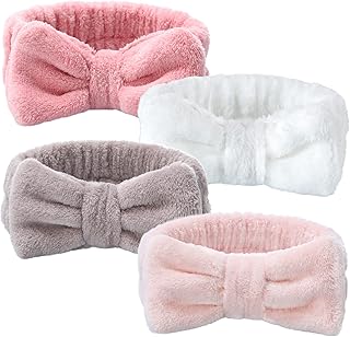 VITEVER 4 Pack Spa Headband for Washing Face, Girls Makeup Bow Tie Hair Band, Microfiber Women Headbands, Elastic Headband to Skincare, Gifts for Teen Girls- White, Brown, Rose Pink, Light Pink