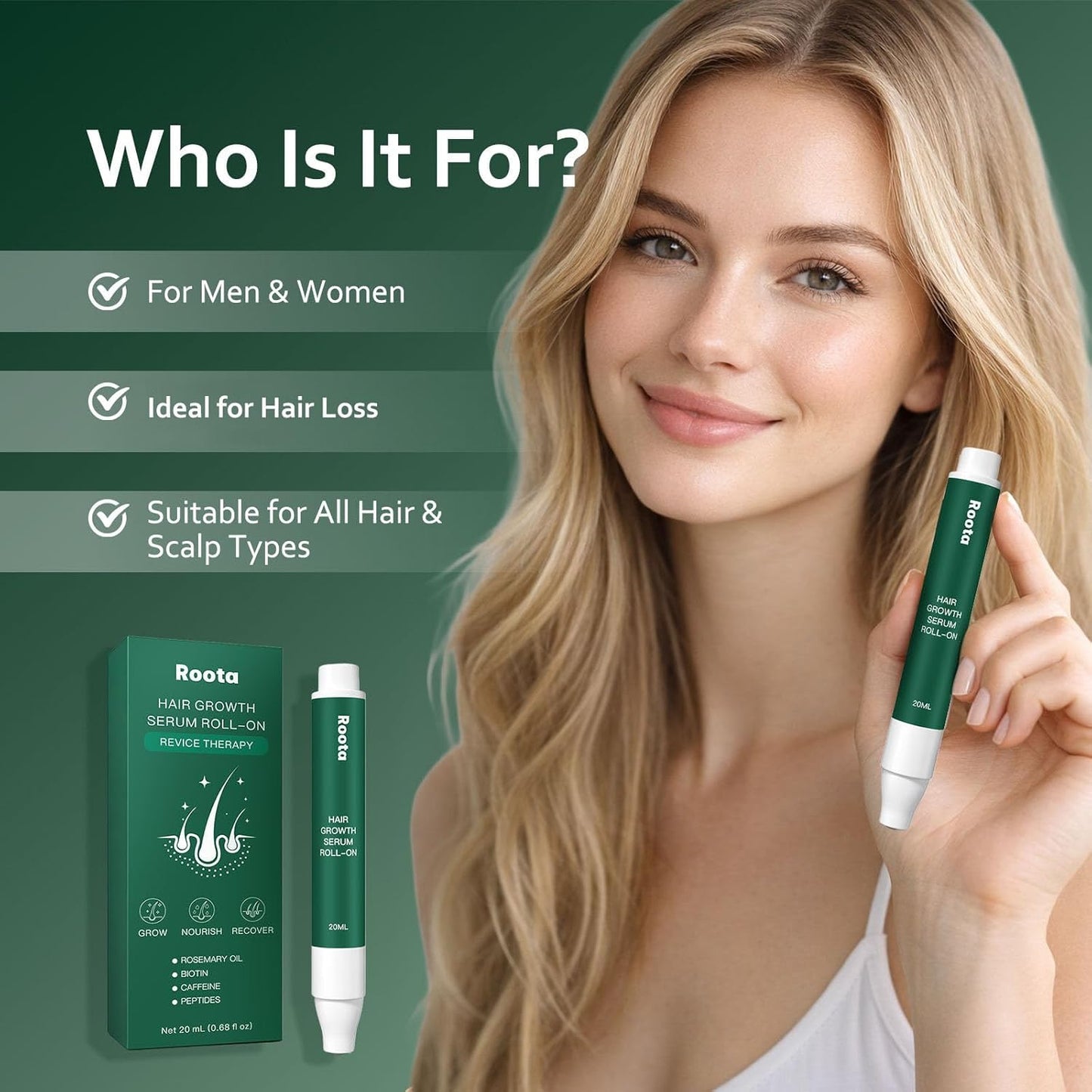 Roota Hair Growth Serum Roll-On, Hair Revival Serum Nourishes Scalp for Thicker, Healthy Hair for Men & Women 20ml/0.68 fl oz