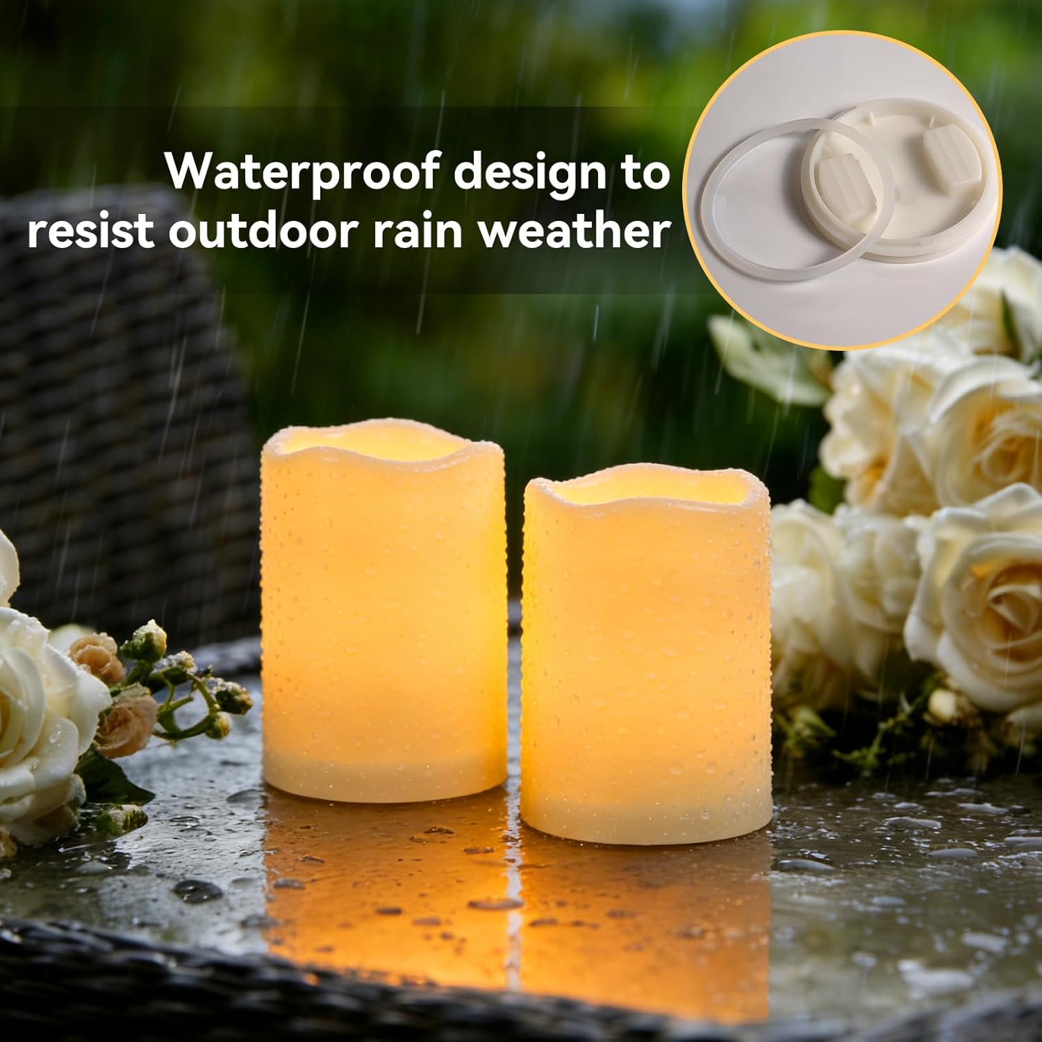 Raycare 3"x4" Outdoor Waterproof Flameless Candles, Battery Operated LED Electric Candles with Remote and Timers, Fake Pillar Candle for Patio, Porch, and Wedding Decor, Ivory, Set of 2