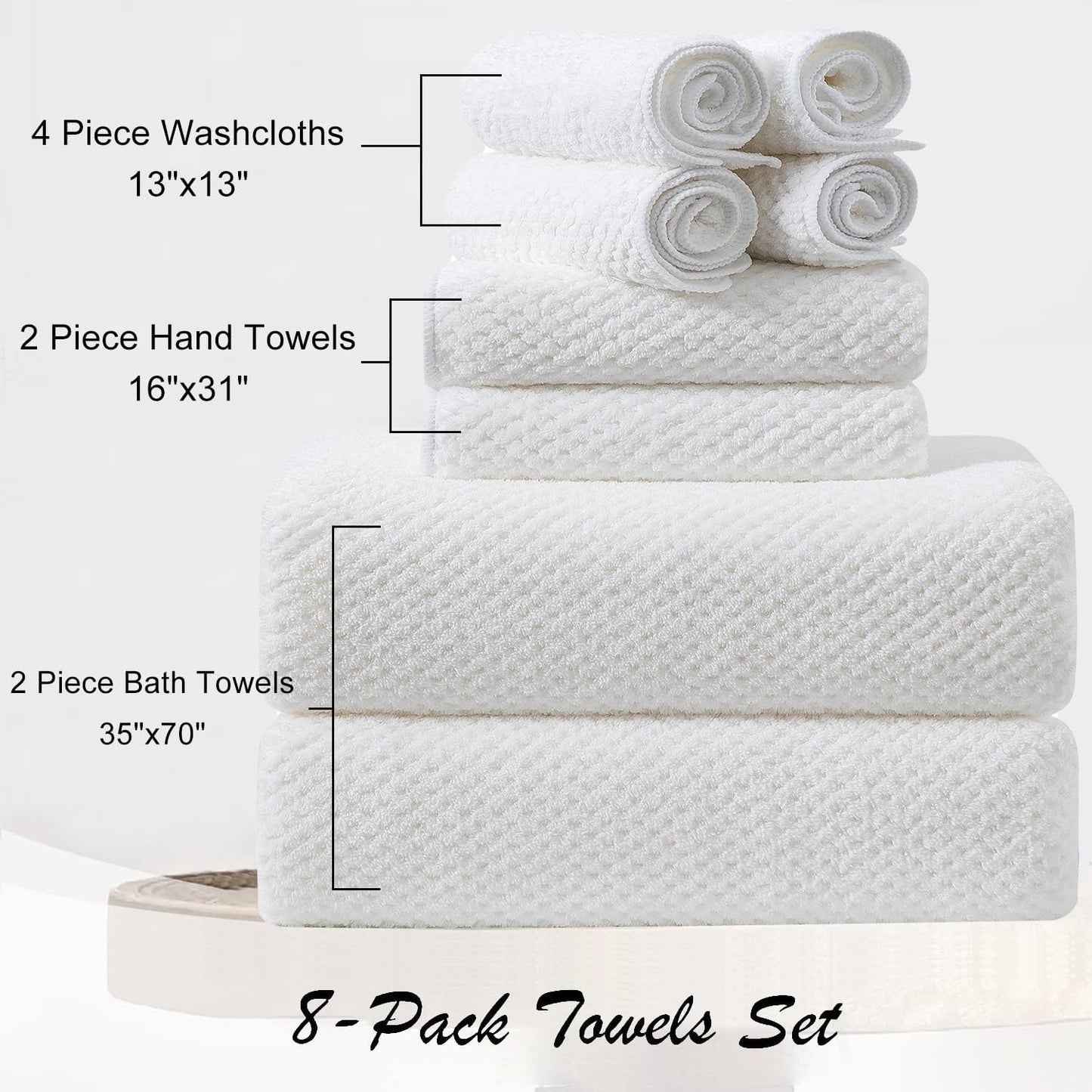 8 Piece Large White Family Bath Towel Set-2 Oversized Bath Towel Sheets,2 Hand Towels,4 Washcloths-600GSM Soft Highly Absorbent Quick Dry Beach Chair Towels Woven Towels for Bathroom Hotel and Spa