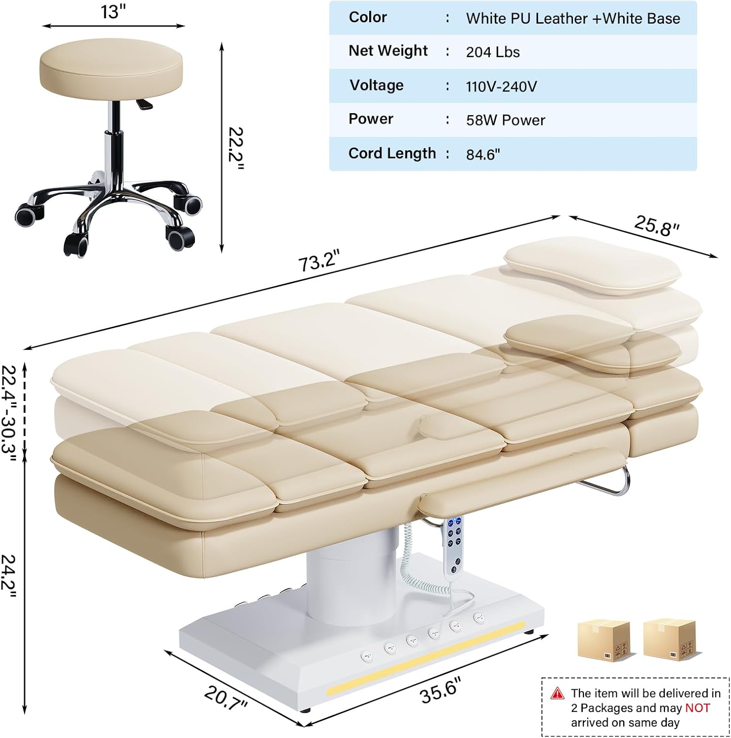 Electric Massage Table w/Stool, 3 Motor Professional Spa Bed, Foot Pedal & Remote Control, Height Adjustable Wide Facial Table for Salon & Spa (Champagne | with Rolling Stool)