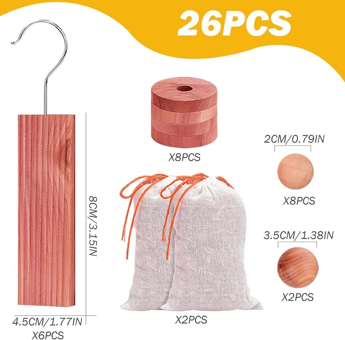 26Pcs Cedar Blocks for Clothes Storage, Aromatic Cedar Hangers, Rings and Balls, Scented Sachets, Closet Freshener for Closets, Drawers and Bookshelves ;1