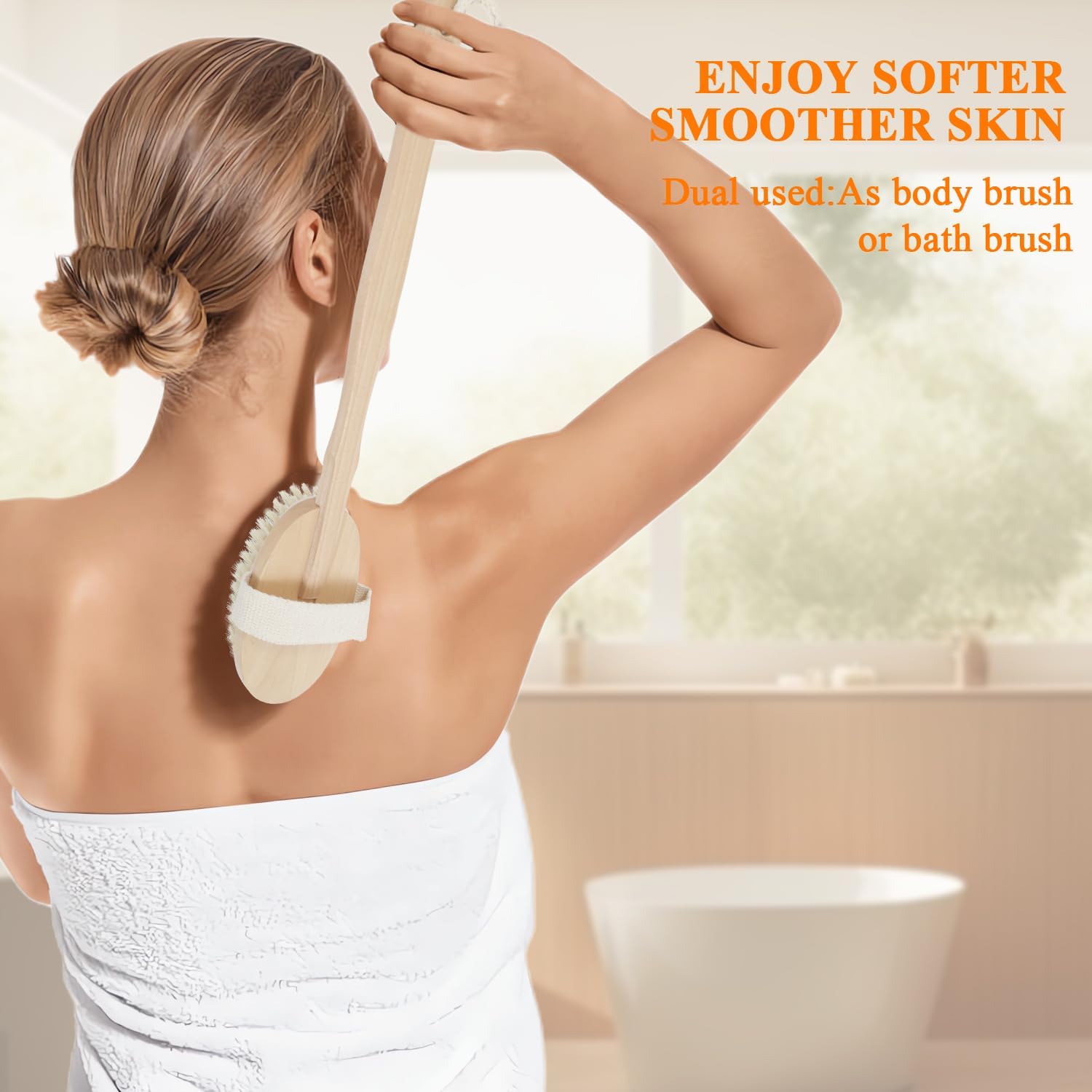 SAMEBUTECO Dry Brushing Body Brush Set with Slide-in Long Handle, 4-in-1 Wooden Bath Scrubber with Face Brush & 3 Interchangeable Heads (Boar Bristle, Soft Washer, Nodal Massager) for Exfoliating