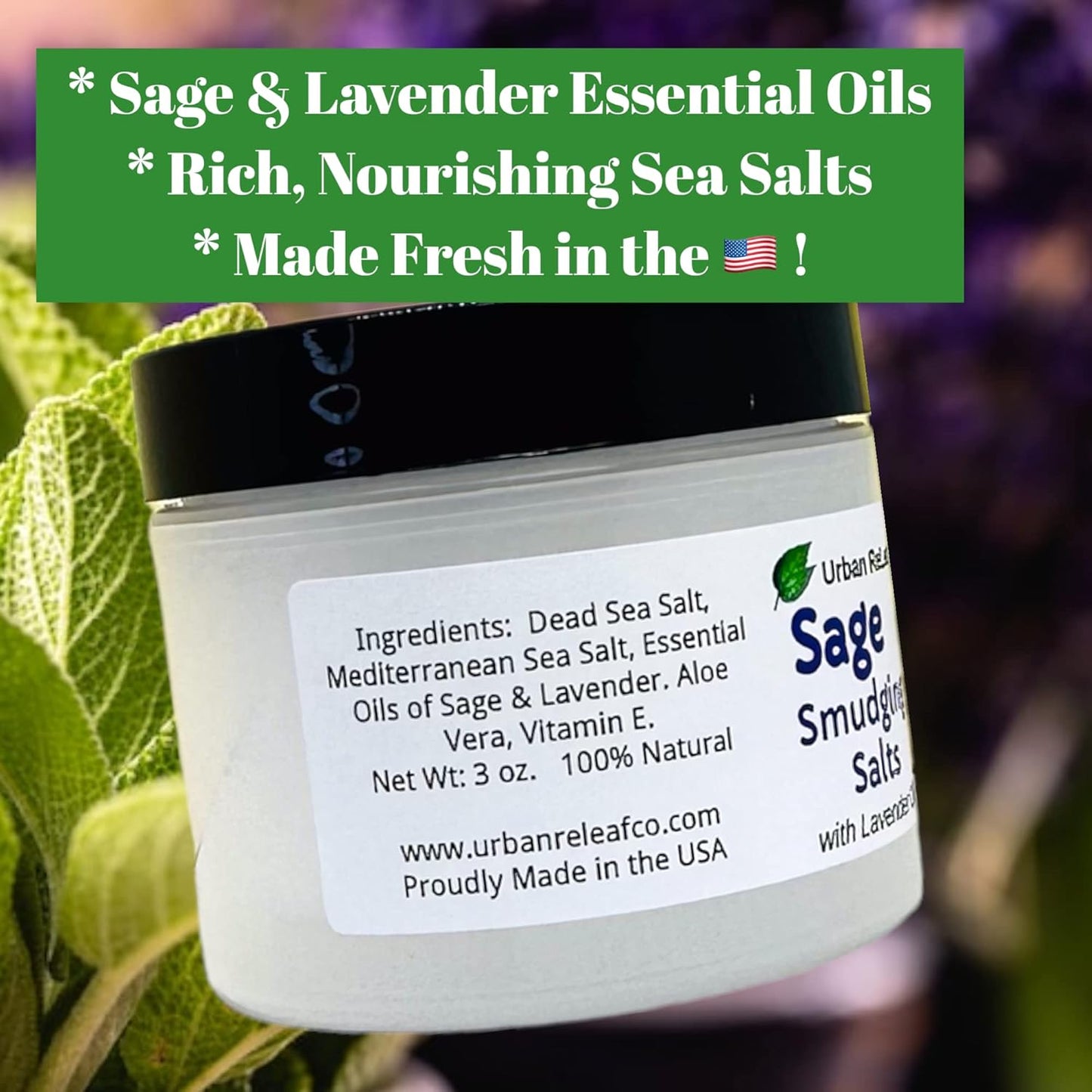 Urban ReLeaf Sage Smudging Salts with Lavender Oil | Safe & Smokeless, Smudge Cleanse Protect Bless Anointing, Fresh from USA, 100% Natural, Vegan