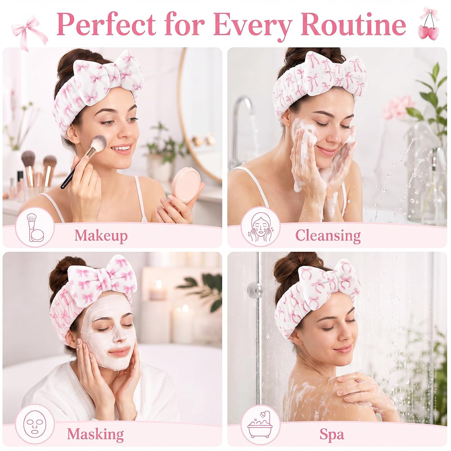Cuffbow 6 Pcs Pink Bow Spa Headbands for Women Cute Coral Fleece Makeup Headband Set Soft Facial Hair Bands for Washing Face Skincare Shower Spa Party Favors Teen Girls Gifts Daily Use Adults