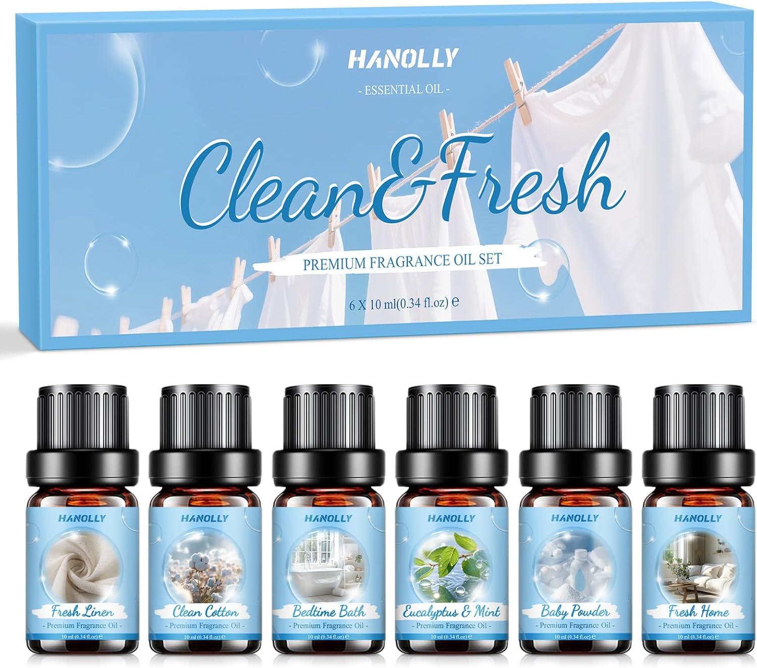 Essential Oils Set, Clean Scents Fragrance Oil Aromatherapy Essential Oils Kit for Diffuser (6x10ML) - Baby Powder, Bedtime Bath, Clean Cotton, Eucalyptus & Mint, Fresh Home, Fresh Linen Scented Oil