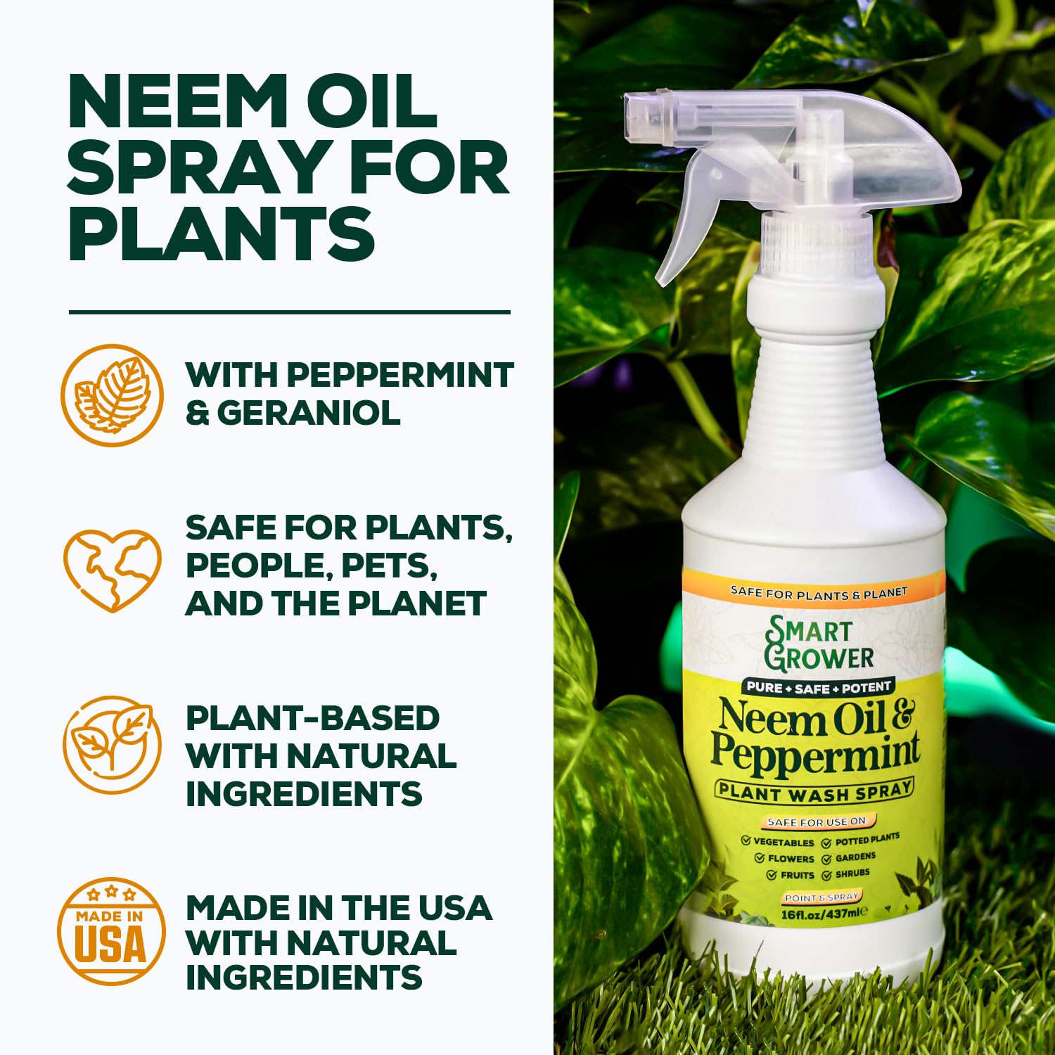 Neem Oil Spray for Plants with Peppermint Oil, Natural Plant Wash Made for Indoor and Outdoor Plants Smart Grower 16oz Easy Ready to Use Spray