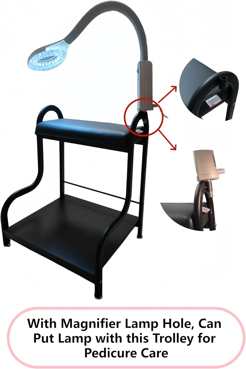 Foot Bath Spa Trolley Cart, Heavy-Duty Reinforced Frame Pedicure Stool with Magnifier Lamp Hole & Foot Rest, Ergonomic Multi-Purpose Foot Massage Manicure Station for Salon/Home, Black