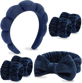 VELSCRUN Spa Headband, Makeup Face Wash Skincare Headbands, 6 Pcs Dark Blue Sponge Bow Tie Get Ready HairBand Facial Wristband Set, Stuff for Teen Girls Women Trendy Fashion Hair Accessories