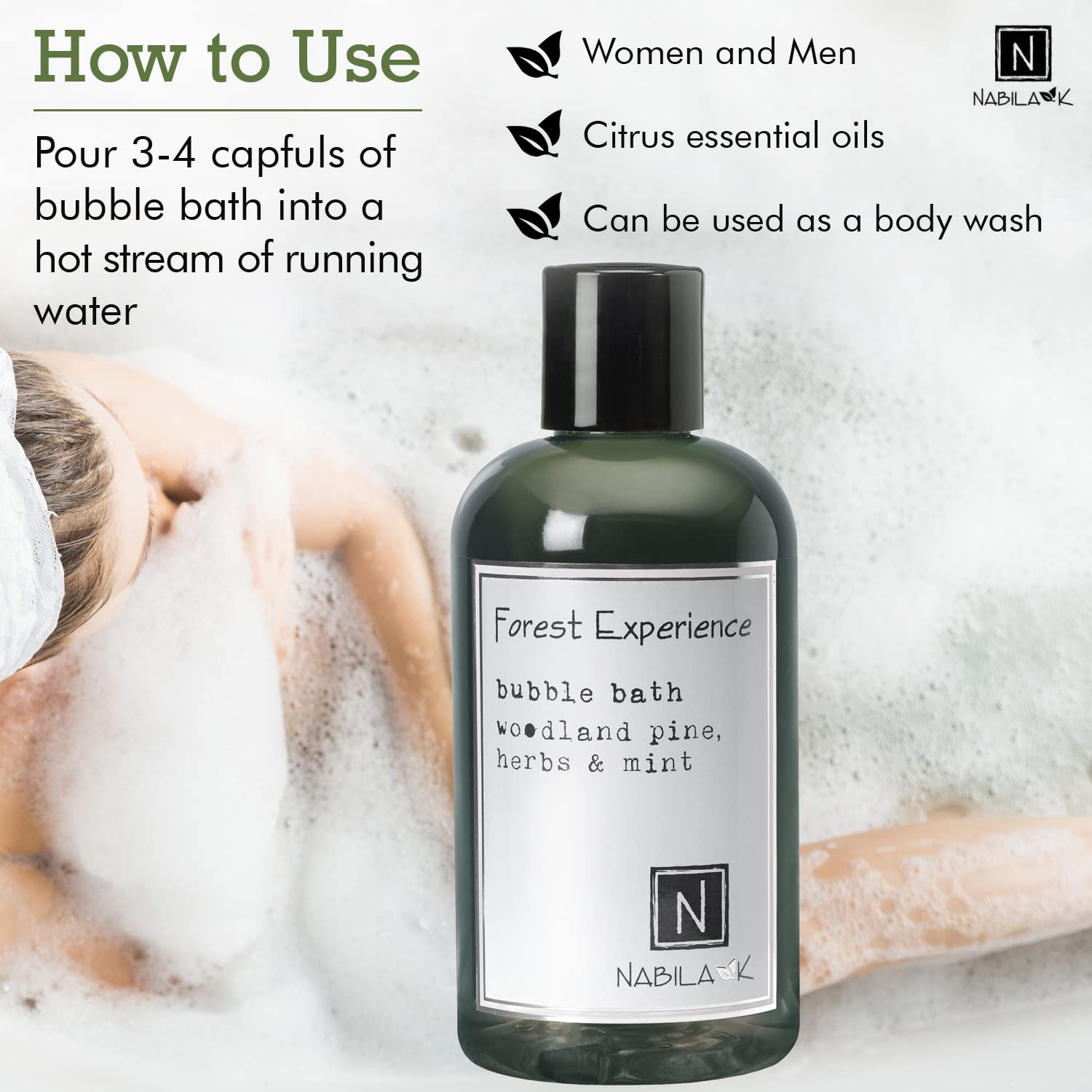 Nabila K Forest Experience Bubble Bath with Pine, Herbs & Mint | Natural & Organic, Sulfate-Free, Tear-Free | Luxury Aromatherapy Bath Soak for Sensitive Skin | for Women & Men, 8 oz