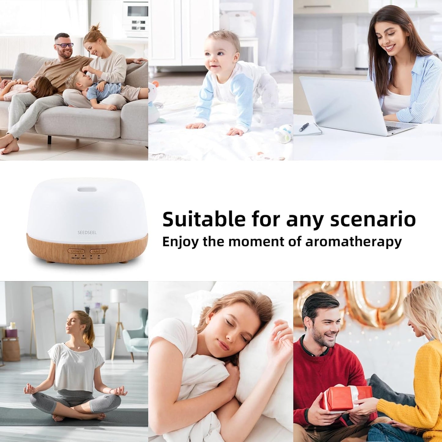 SEEDSEEL 300ML Essential Oil Diffuser with 7-Color LED Lights and Remote Control, Modern Minimalist Design, High-Efficiency Ultrasonic Mist Aromatherapy Diffuser for Home