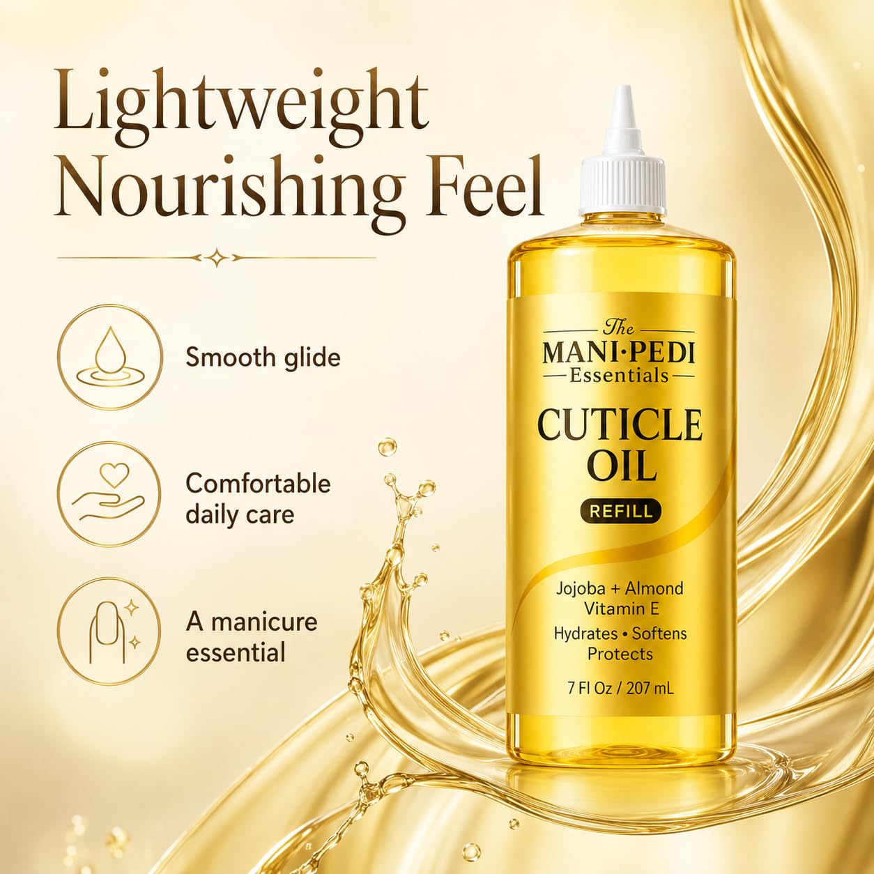 Professional Cuticle Oil Refill/Bulk Pack with precision nozzle for easy refilling - 7 Fl Oz. Enriched with Jojoba Oil, Vitamin E & Sweet Almond Oil. Nail Tech Supplies for Nourished Nails & Cuticles