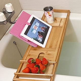 Bath Caddy Tray for Tub, Bamboo Bathtub Tray Caddy 29.5-42.9 inch Expandable with Wine Glass Holder, Book Stand and Phone Slot Luxury Bubble Bath Accessories & Spa Decor Distinctive Gift