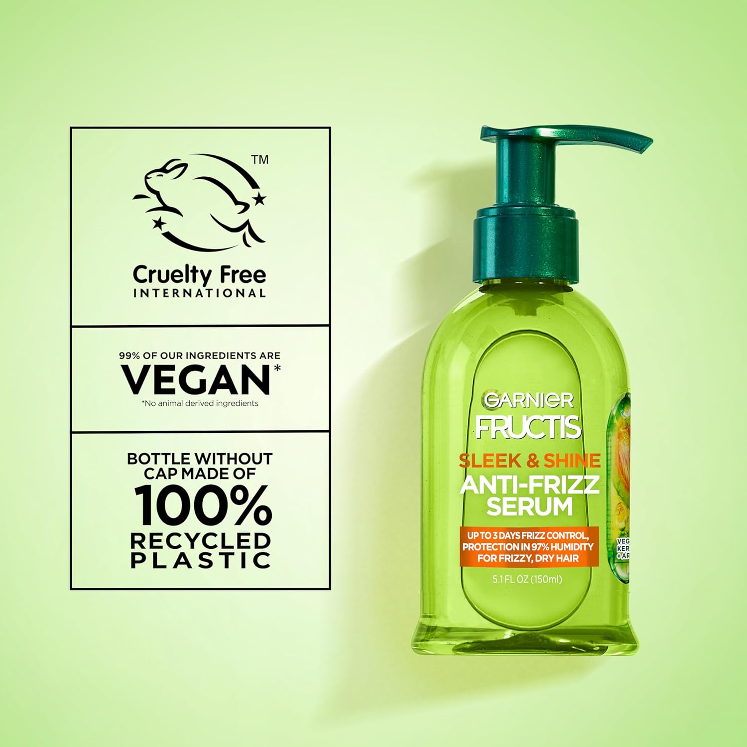 Garnier Fructis Sleek & Shine Anti-Frizz Serum, Leave-In Hair Treatment with Vegan Kera System + Argan Oil, Up to 72HR Frizz Control and Humidity Protection, For Frizzy, Dry Hair, 5.1 Fl Oz