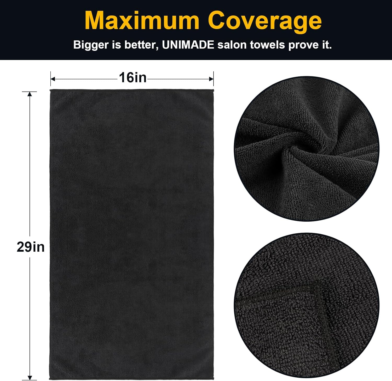 UNIMADE Salon Towels 24 Pack, Microfiber Barber Towels Bulk, (16x29 inches) Hair-Drying Cloth Super Soft Black Hand Cloth for Gym, Bath, Spa Use and Home Beauty Care(Not Bleach Proof)