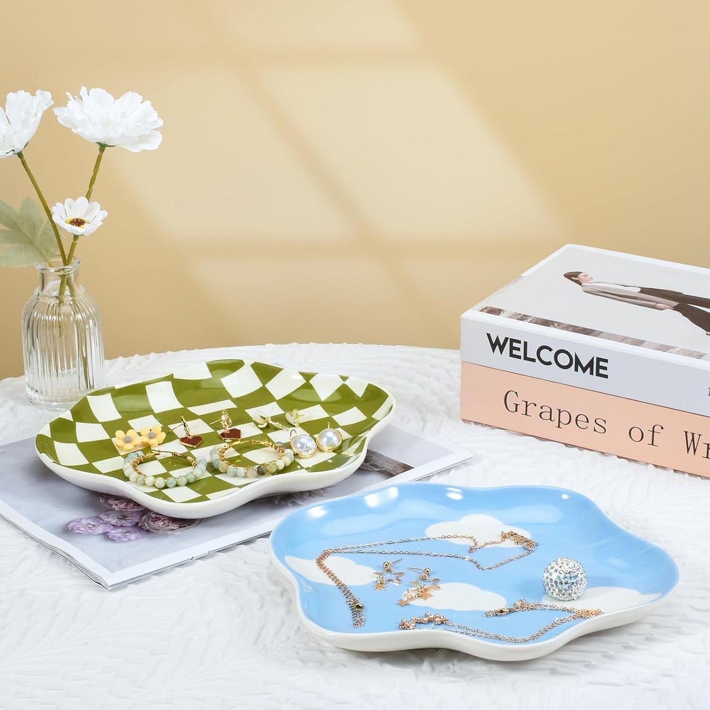 Koythin Jewelry Tray, Ceramic Jewelry Dish Trinket Tray Organizer, Clouds Aesthetic Decorative for Kitchen, Bathroom (Blue Sky and White Clouds)