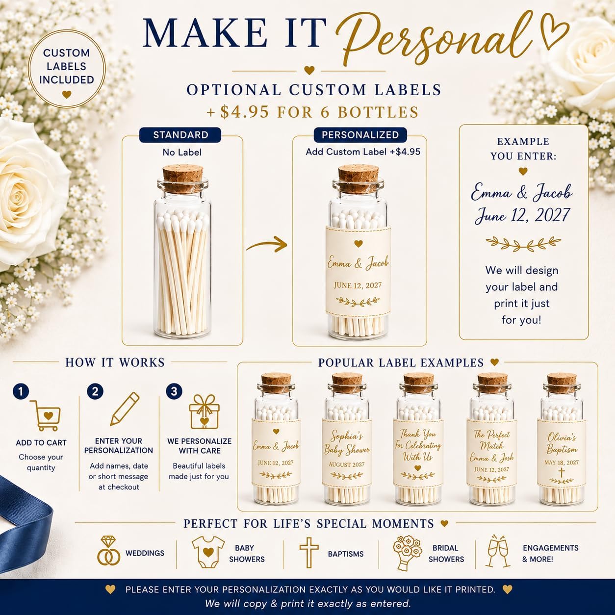 2" White Safety Matches in Glass Jar | Wedding Favor Bottles | 20 Matchsticks per Bottle, Cork Top & Striker, Decorative