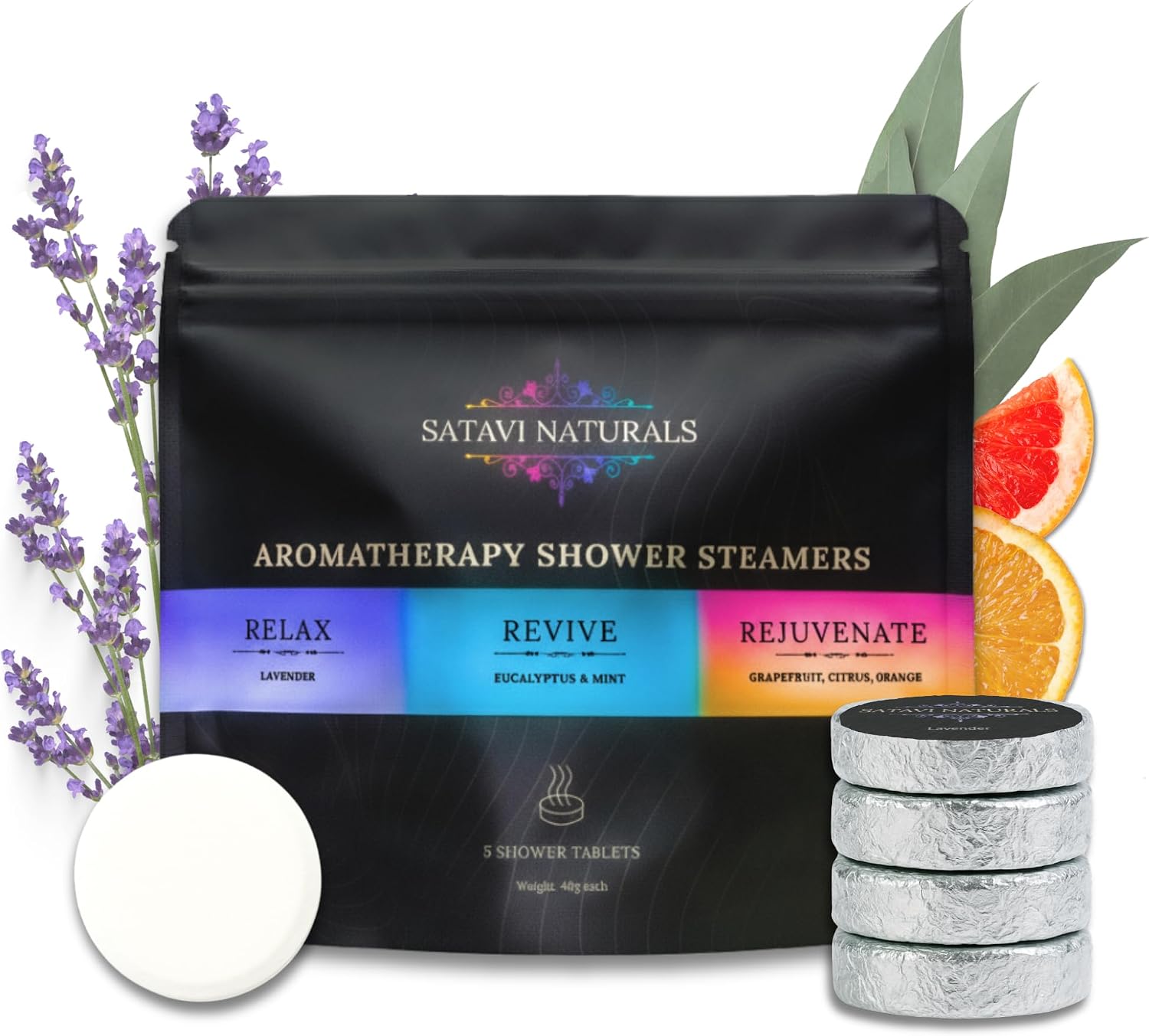 Shower Steamers Aromatherapy Variety (5 Pack) – Lavender, Eucalyptus Mint & Citrus Shower Bombs – Natural Essential Oil Spa Tablets, Individually Wrapped – Self Care Gifts for Women & Men