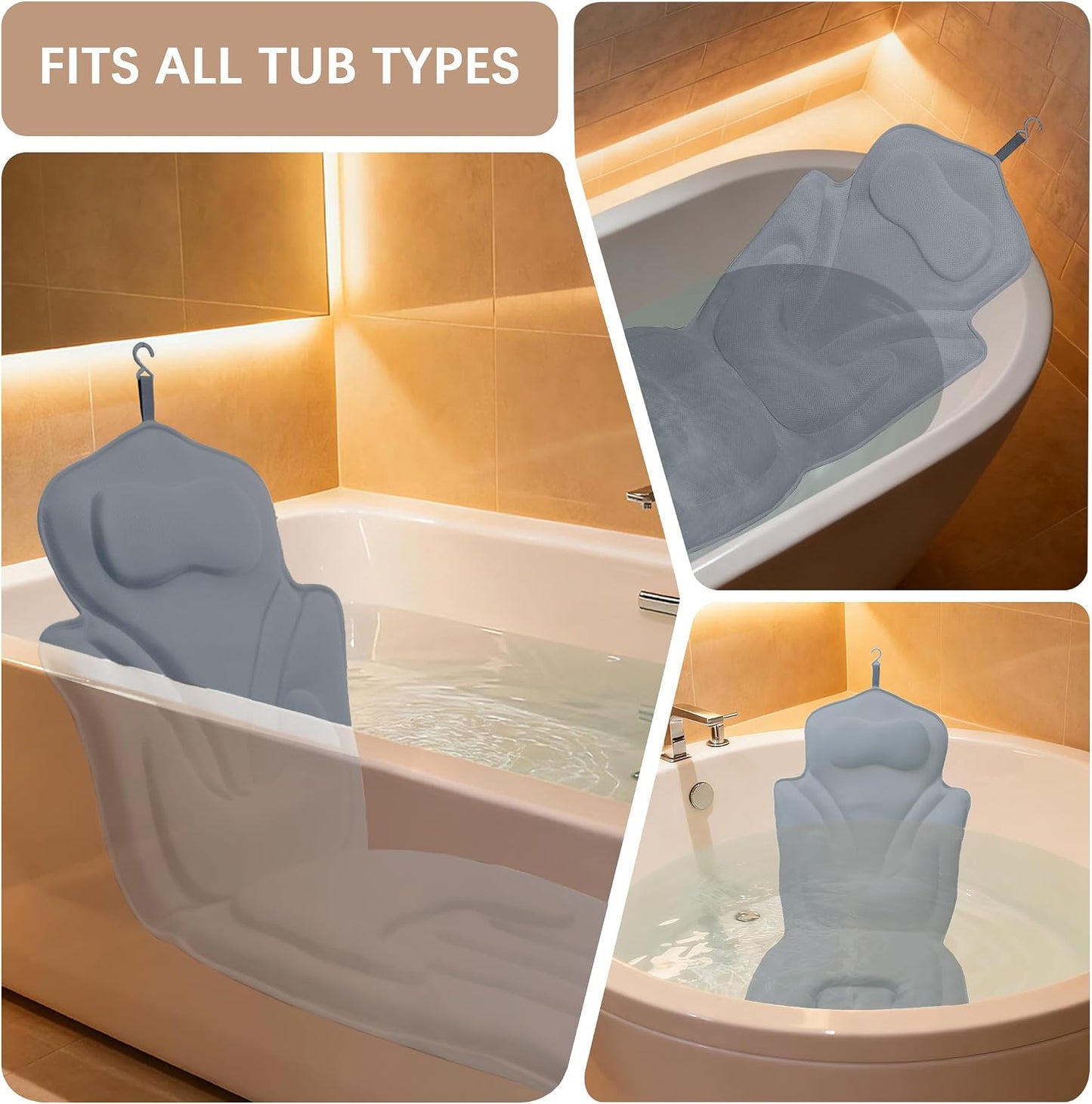 Luxury Full Body Bath Pillow for Bathtub, Extra Long & Wide 3.7" Ultra-Thick Ergonomic Spa Cushion, 5D Air Mesh Tub Pillow with 114 Suction Cups, Washable with Laundry Bag & Hook, 59 x 20 in