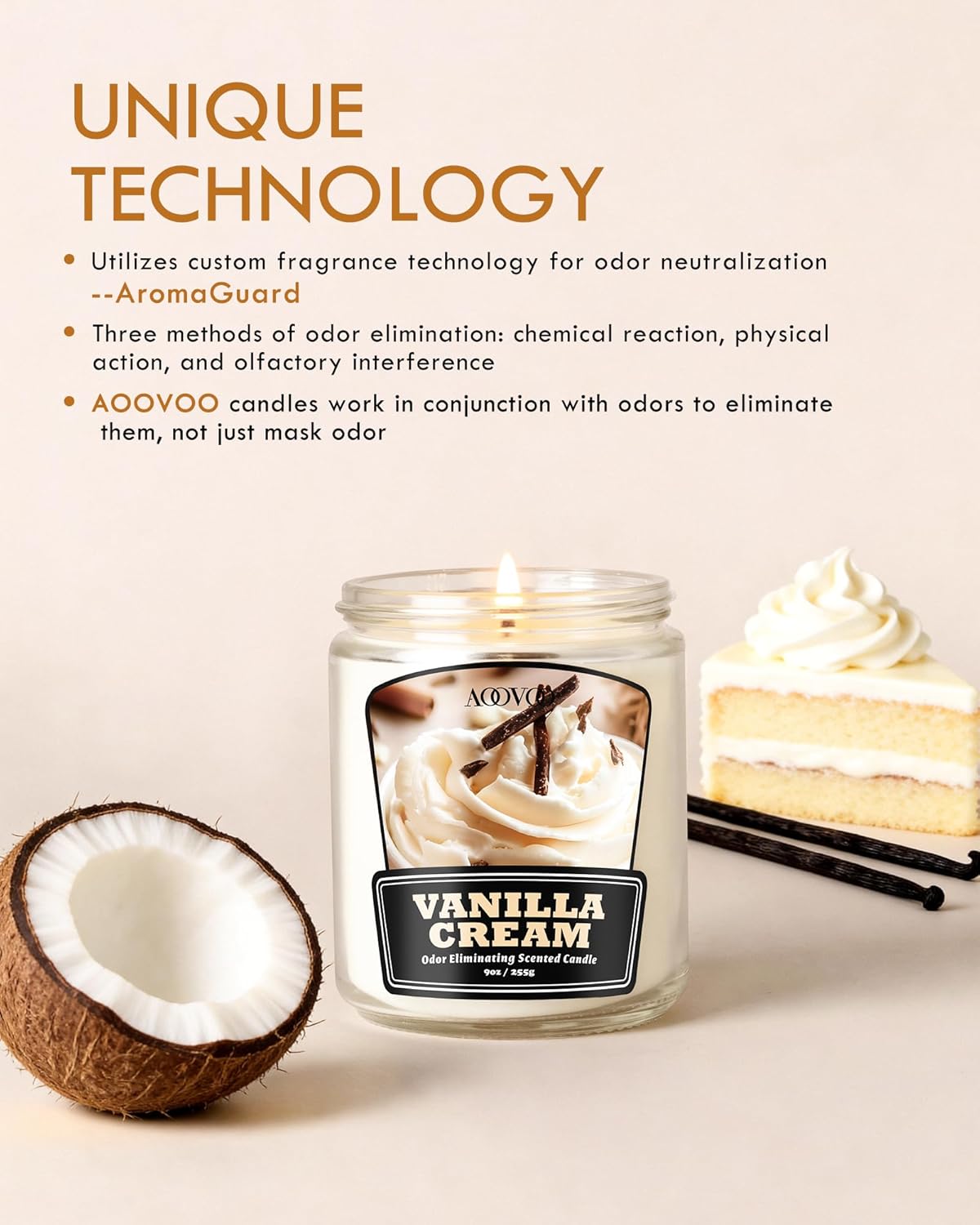 AOOVOO Vanilla Cream Odor Eliminating Candle - 9 oz Non Toxic Highly Fragranced Air Freshing Soy Candle, Eliminates 95% of Smoke, Pet, Food, and Other Smells Quickly, Up to 50 Hours Burn time