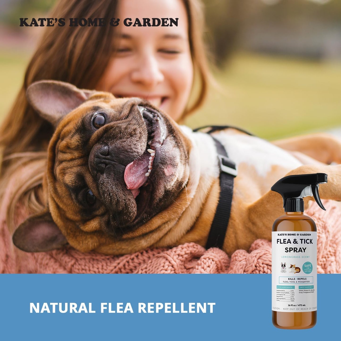 Kate's Home & Garden Flea and Tick Spray for Dogs and Cats – 16 oz Natural Lemongrass Flea Spray – Kills & Repels Fleas, Ticks, Mosquitoes – Pet Safe
