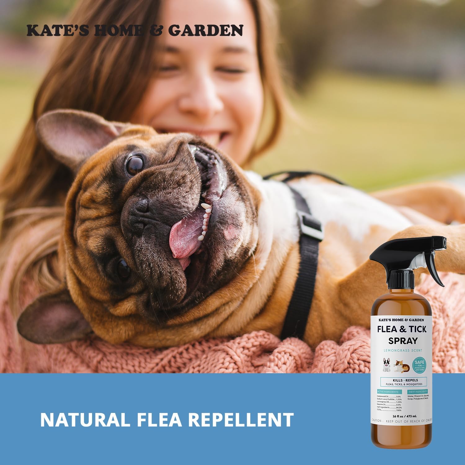 Kate's Home & Garden Flea and Tick Spray for Dogs and Cats – 16 oz Natural Lemongrass Flea Spray – Kills & Repels Fleas, Ticks, Mosquitoes – Pet Safe
