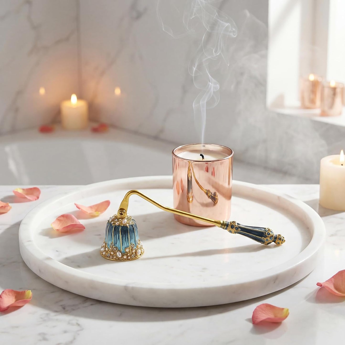 Kingrol Ornate Candle Snuffer with Hand-Enamel Finish, Decorative Zinc Alloy Candle Accessory with Crystal & Pearl Embellishments, Elegant Tool for Gently Extinguishing Candles