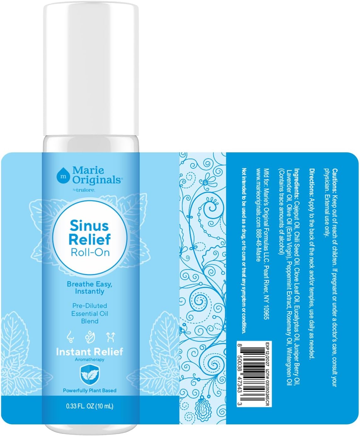 Marie Originals Breathe Blend Essential Oils Sinus Roll on | Natural Eucalyptus, Peppermint Lavender Essential Oil Roll on | Aromatherapy Support for Clear Breathing, Head Ease, Relaxation | 10 mL