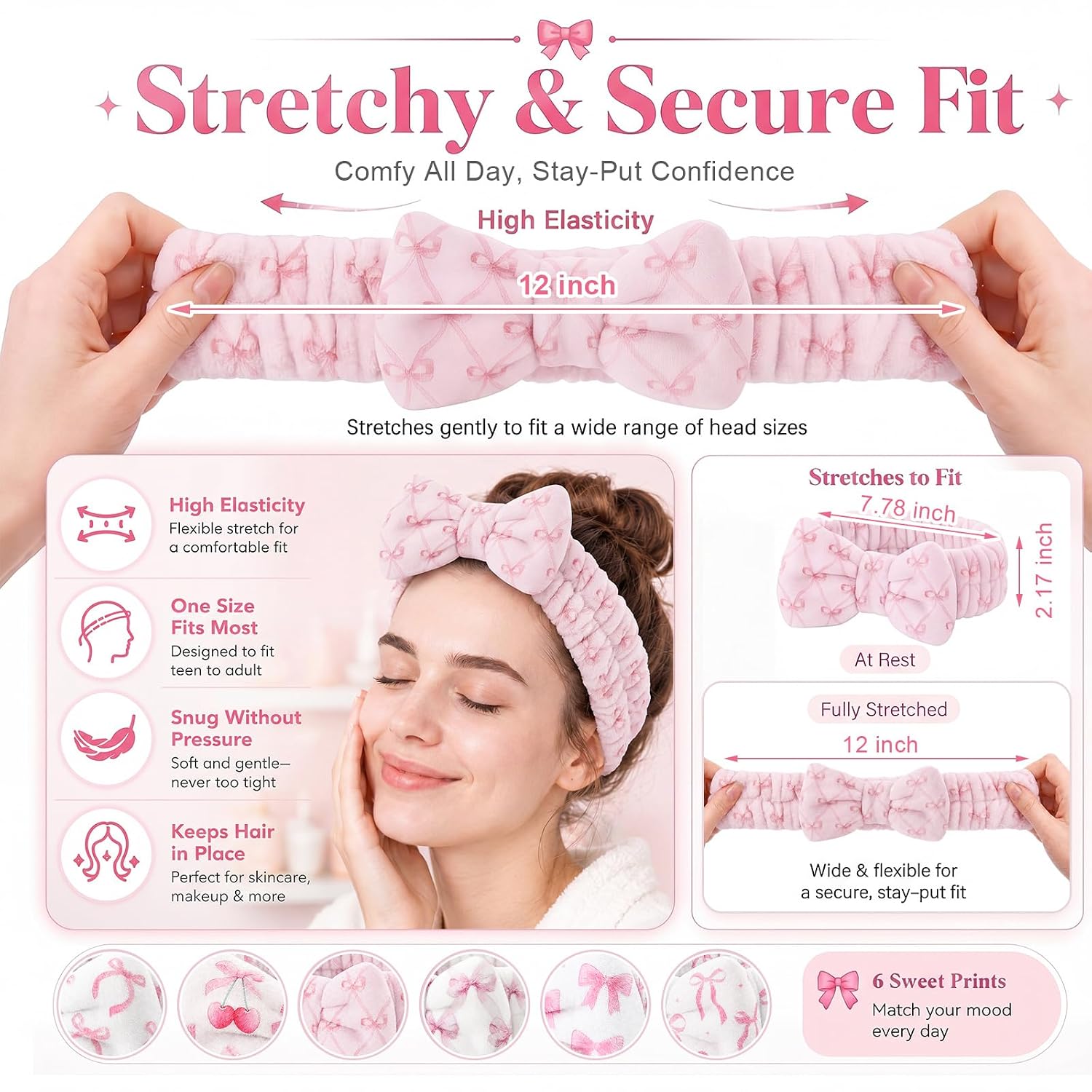 Cuffbow 6 Pcs Pink Bow Spa Headbands for Women Cute Coral Fleece Makeup Headband Set Soft Facial Hair Bands for Washing Face Skincare Shower Spa Party Favors Teen Girls Gifts Daily Use Adults