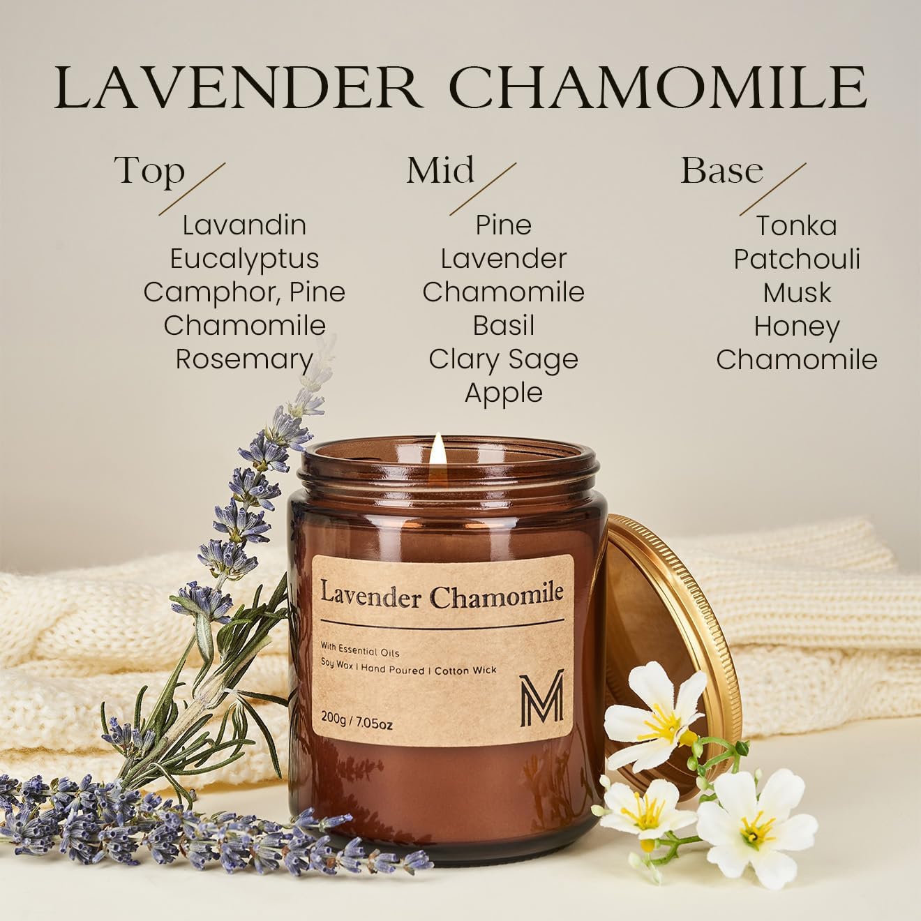 M&SENSE Lavender Chamomile Scented Small Candle, 7.5Oz Aromatherapy Candle for Home Fragrance, Soy Wax Candles Gift for Birthday, Housewarming, Amber Jar Candle for Stress Relief, Meditation, Yoga