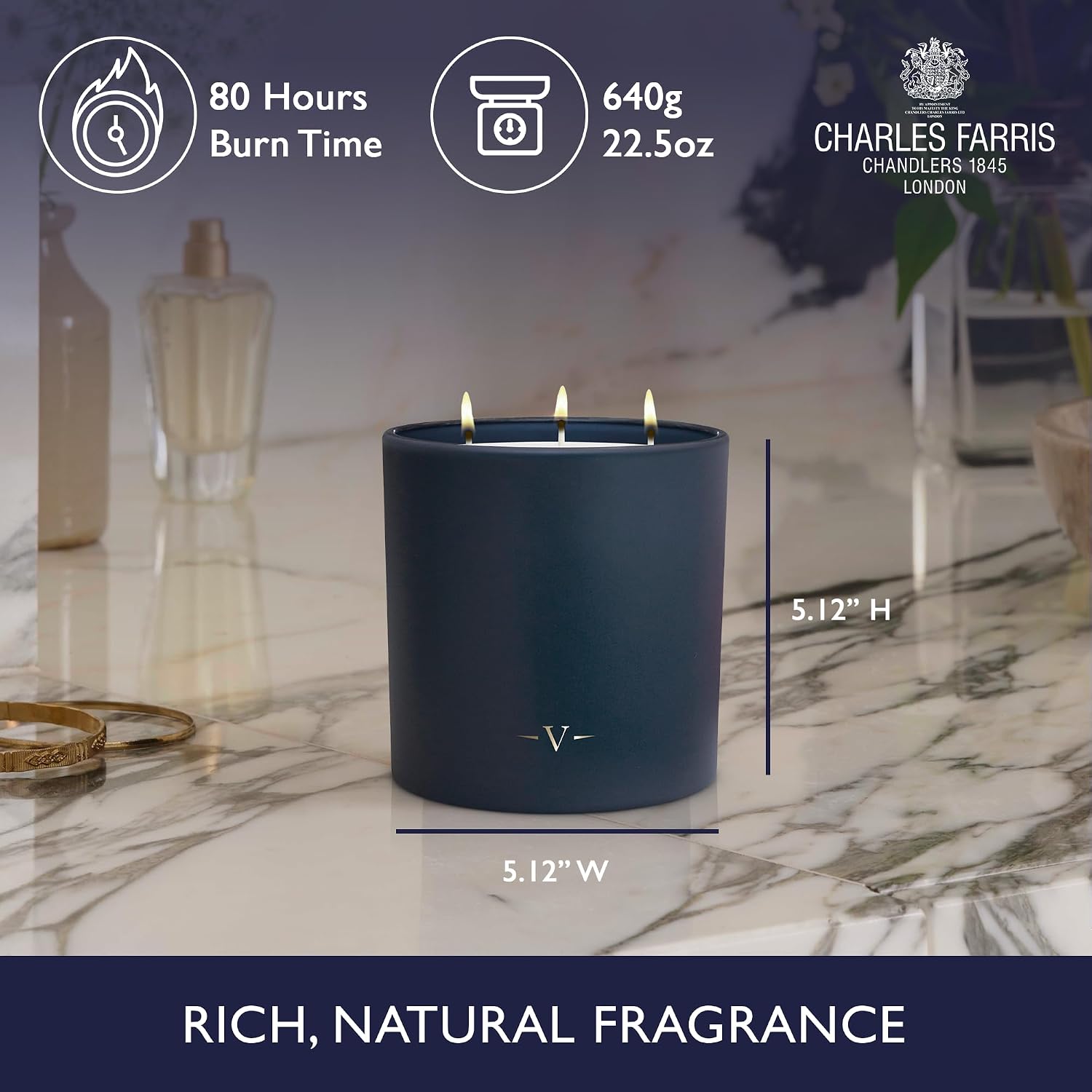 Charles Farris Luxury Scented Candle – 3 Wick, Hand-Poured, Long Lasting, Clean Burning, 640g / 22.5oz, Up to 80 Hours of Burn Time, Made in England – Cloves, Tobacco & Mint Tea – British Expedition