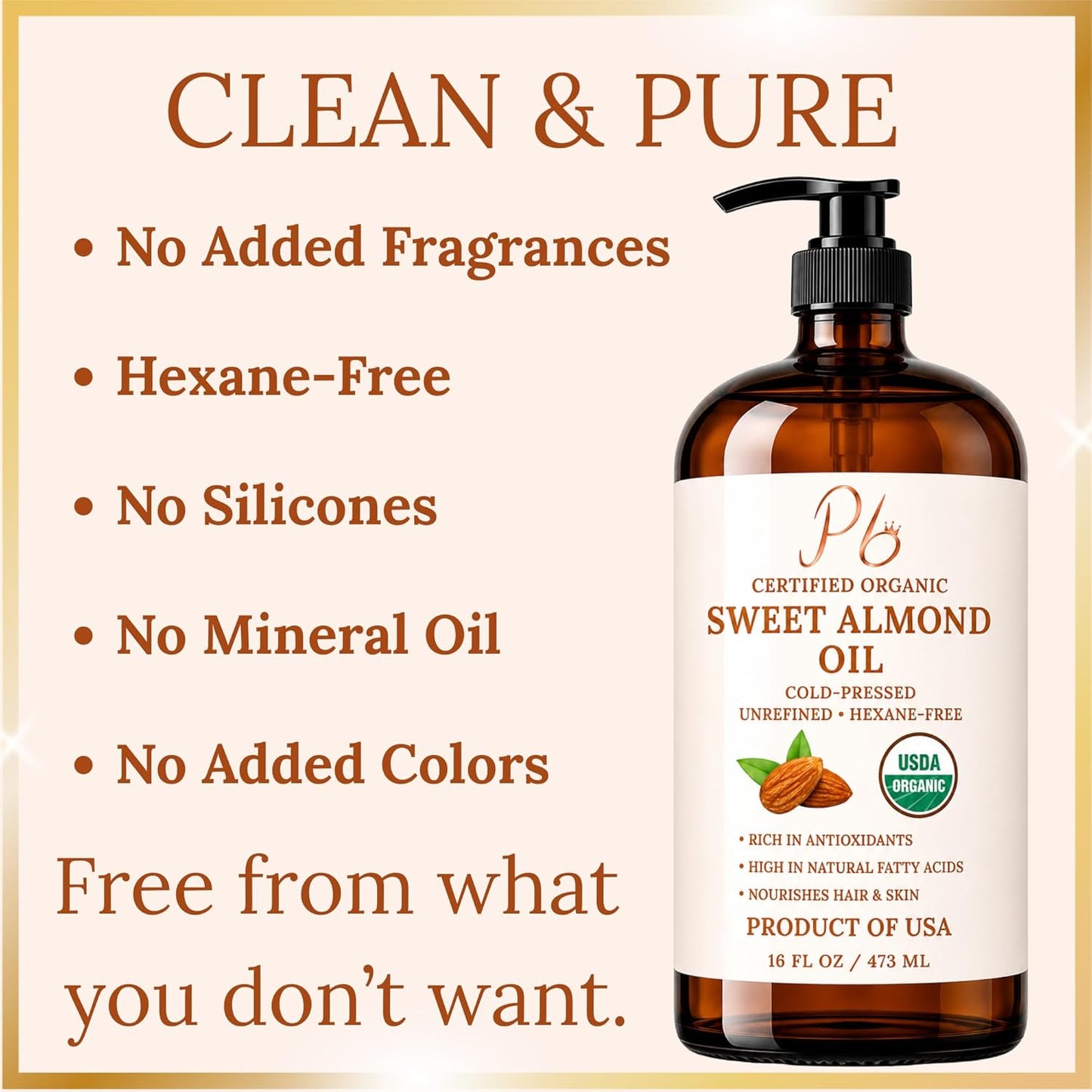 Pomberries Almond Oil 16 fl oz, USDA Organic Cold-Pressed Sweet Almond Oil for Skin, Hair & Body, Premium Organic Carrier Oil in Glass Bottle with Pump, Non-Greasy, Unscented, Hexane-Free