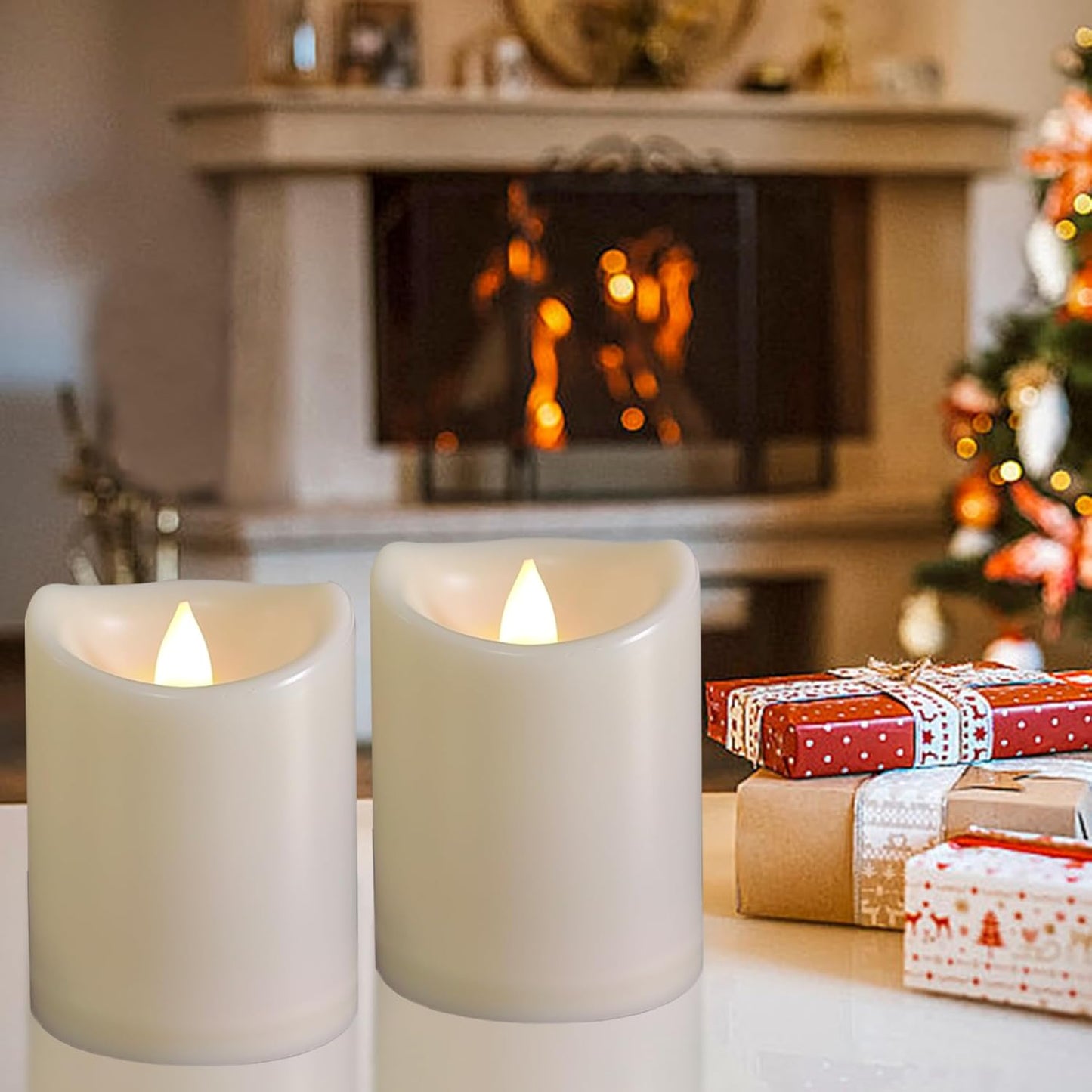 2 Pack Outdoor Battery Operated Candles with Timer (3x4 Inch) Waterproof Flameless Flickering Pillar Candles Plastic LED Fake Candle for Halloween Christmas Decoration Outside Lantern Festival Decor