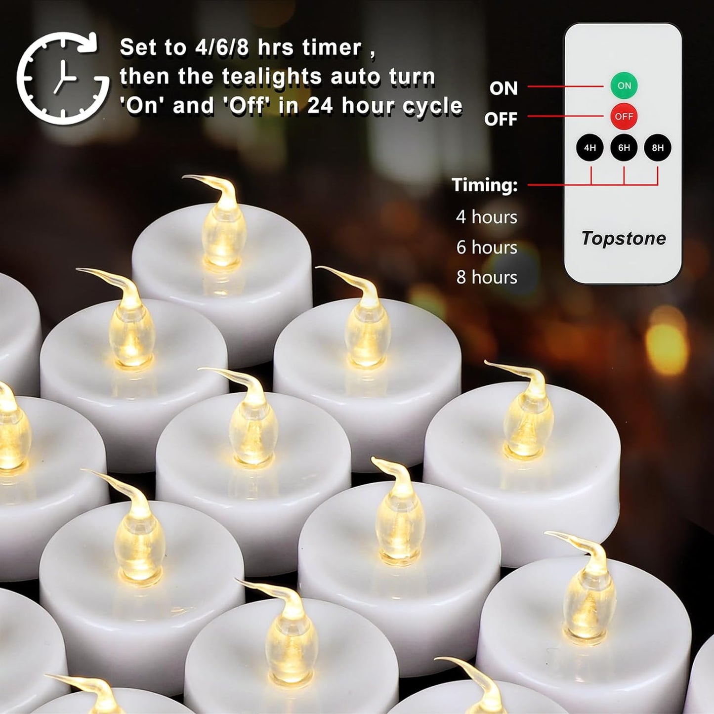 Topstone Flameless LED Candles with Remote Control - Warm White Flickering Battery Operated Candles, 400+ Hours,Timer Function, 4H/6H/8H Auto-Off,Electronic Tea Candles for Home Decor, Wedding, Party