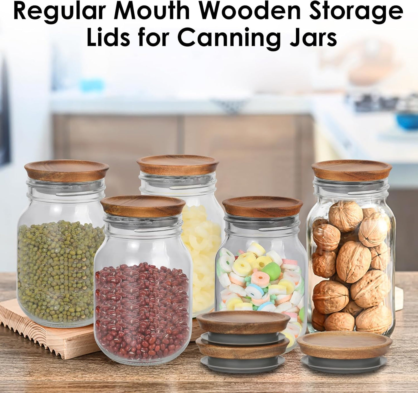 6 Pack Regular Mouth Lids for Mason Jars, Reusable Wooden Storage Lids with Silicone Seal for Regular Mouth Jars