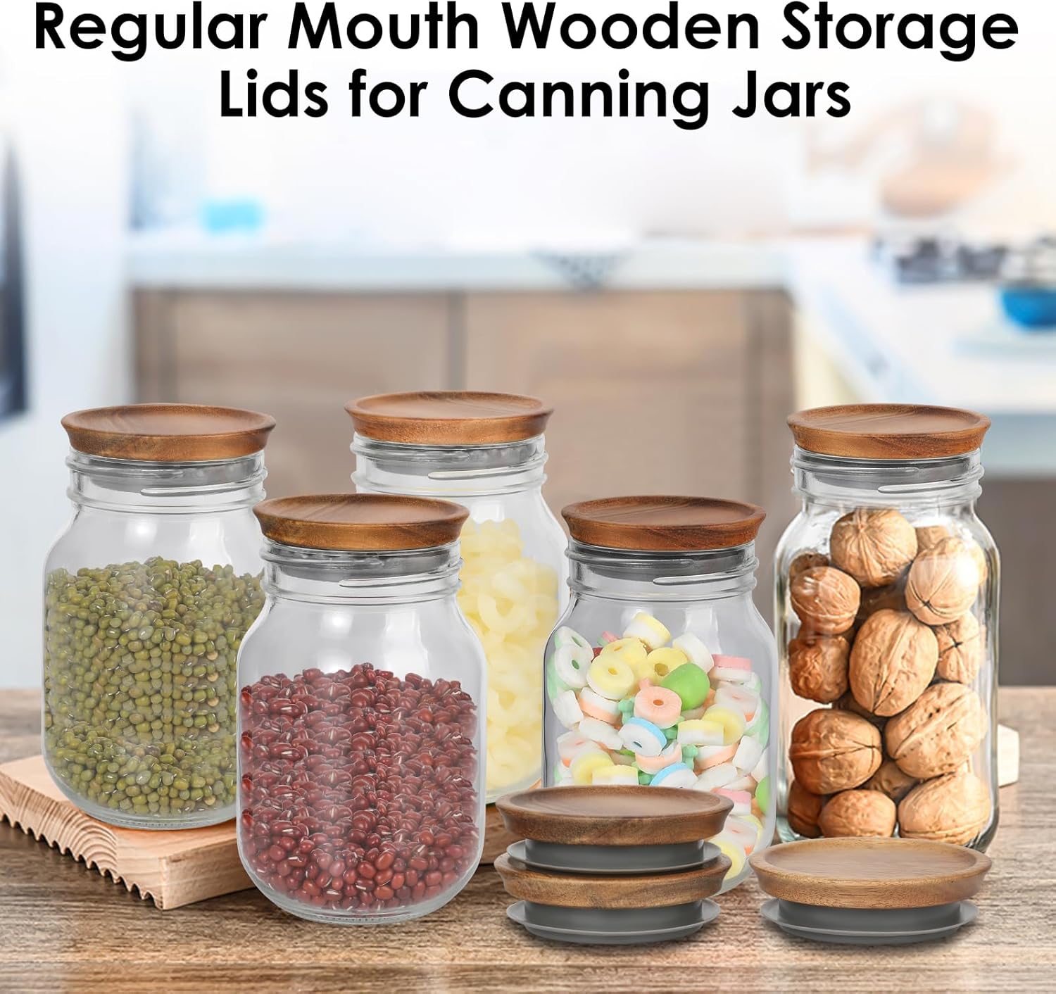 6 Pack Regular Mouth Lids for Mason Jars, Reusable Wooden Storage Lids with Silicone Seal for Regular Mouth Jars