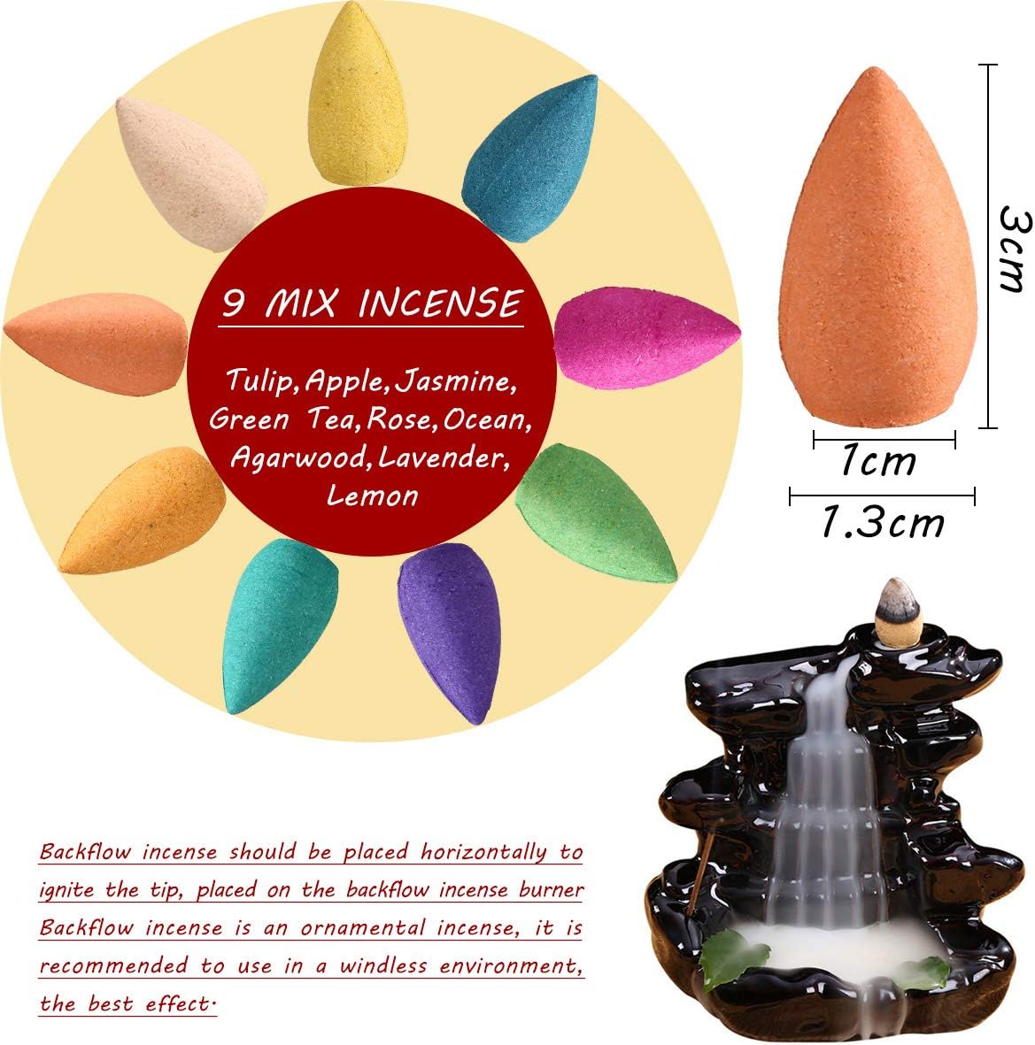 OTOFY Backflow Incense Cones - 360 Pcs of 100% Natural Scents Waterfall Incense Rose Tulip Jasmine Lavender for Meditation & Yoga Gift