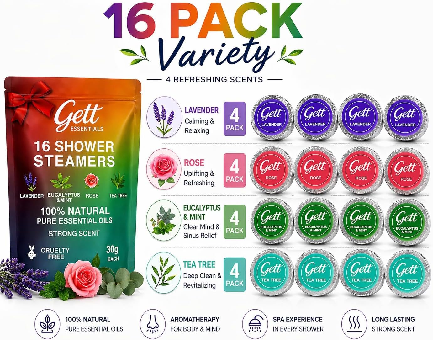 GETT Shower Steamers Aromatherapy 16 Pack, Strong Scent, Long Lasting, Lavender, Eucalyptus Mint, Rose, Tea Tree, Individually Wrapped, Sinus Relief, Stress Relief, Spa Gifts for Men and Women
